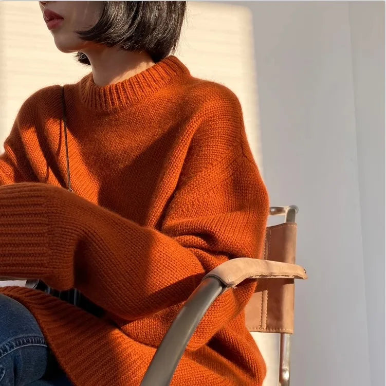 High-end series! Round neck 100% pure cashmere sweater pullover silhouette sweater women's thick loose knit