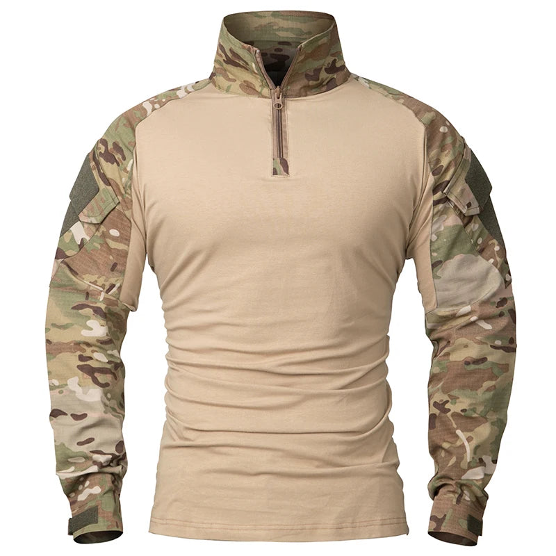 Men's Long Sleeve Combat Shirt 1/4 Zipper Ripstop Cotton Tactical Shirts Navy Blue Camoufalge Airsoft T Shirts