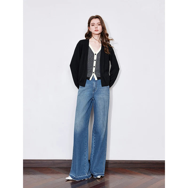 TOYOUTH Women Fake Two Piece Knitted Sweater 2025 Spring New V Neck Striped Long Sleeve Cardigan Jacket