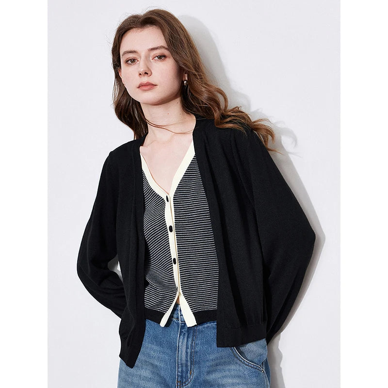 TOYOUTH Women Fake Two Piece Knitted Sweater 2025 Spring New V Neck Striped Long Sleeve Cardigan Jacket