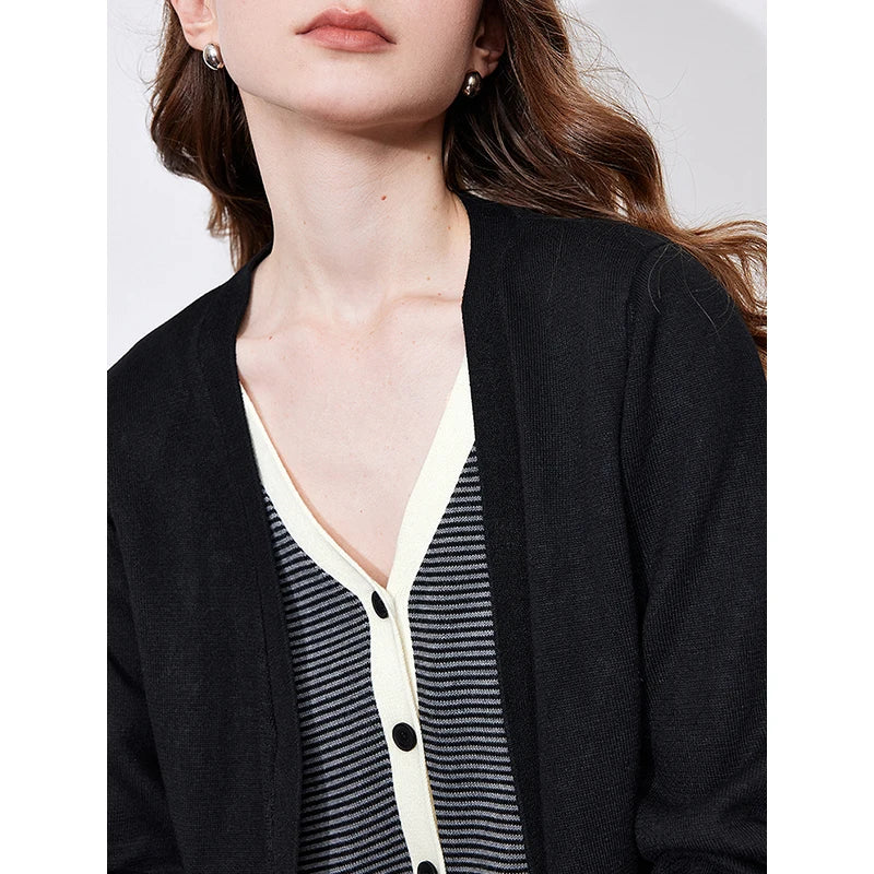 TOYOUTH Women Fake Two Piece Knitted Sweater 2025 Spring New V Neck Striped Long Sleeve Cardigan Jacket