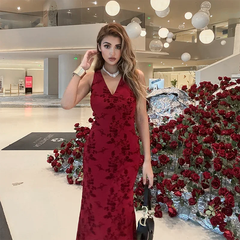 2024 New Sleeveless Long Dress Women Summer rinted Deep v-neck Dress Femae Fashion Fora Waist Slim Dresses