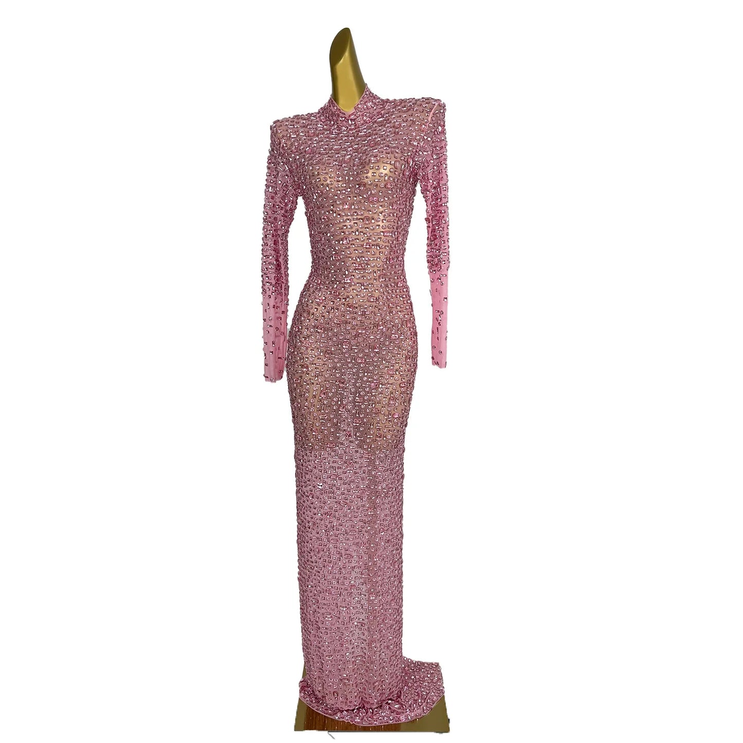Red Diamonds Dress See Through Long Sleeve Evening Dress Festival Clothing Rhinestone Prom Gowns Special Occasion Dress Gesebei
