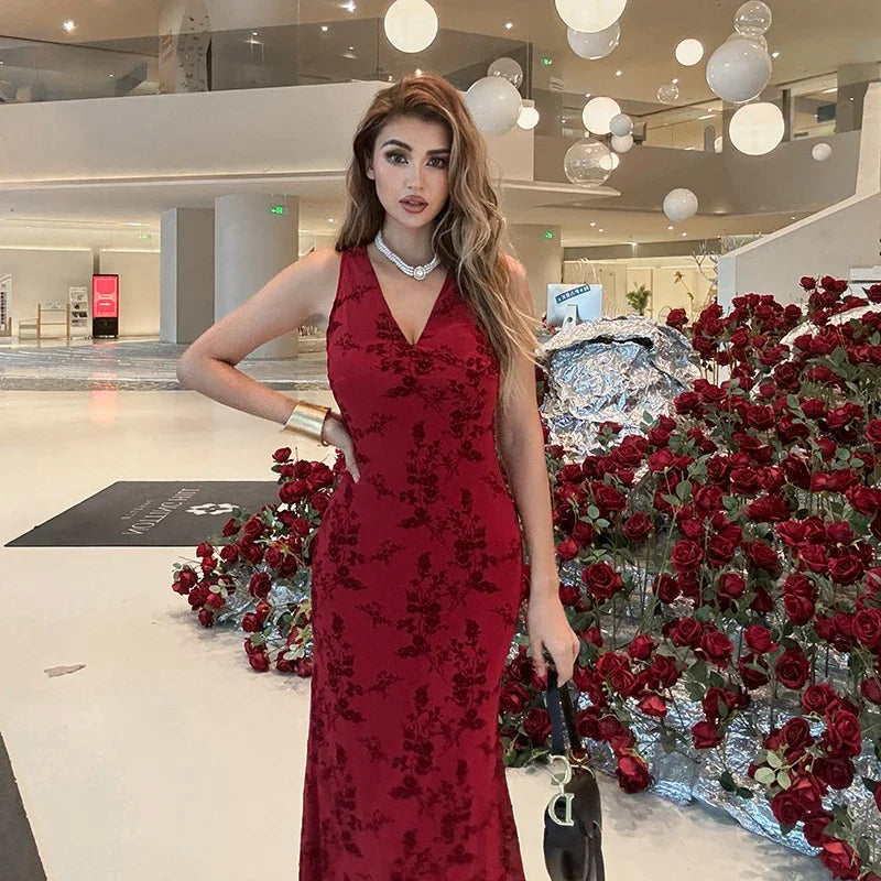 2024 New Sleeveless Long Dress Women Summer rinted Deep v-neck Dress Femae Fashion Fora Waist Slim Dresses
