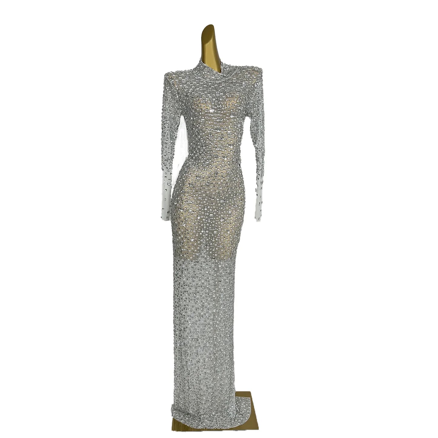 Red Diamonds Dress See Through Long Sleeve Evening Dress Festival Clothing Rhinestone Prom Gowns Special Occasion Dress Gesebei