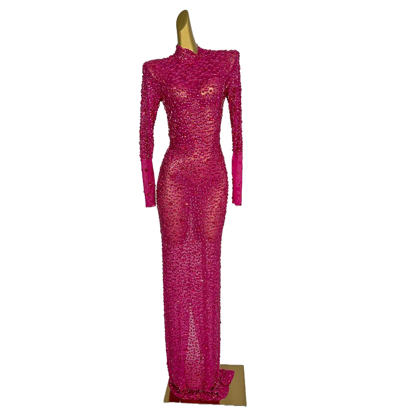 Red Diamonds Dress See Through Long Sleeve Evening Dress Festival Clothing Rhinestone Prom Gowns Special Occasion Dress Gesebei