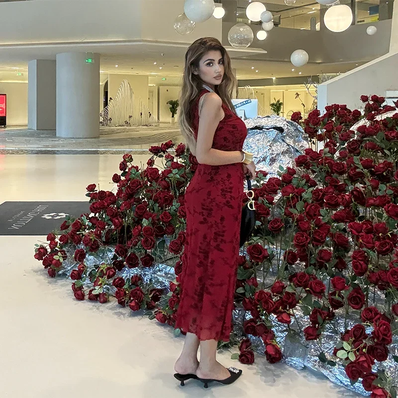 2024 New Sleeveless Long Dress Women Summer rinted Deep v-neck Dress Femae Fashion Fora Waist Slim Dresses
