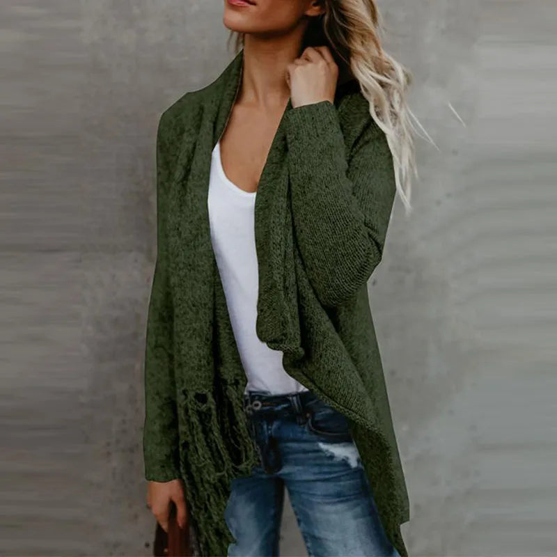 Women's Warm Knitted Sweater, Winter Cardigan Long Sleeve Tassel Fringe Shawl Poncho Oversized Cardigan