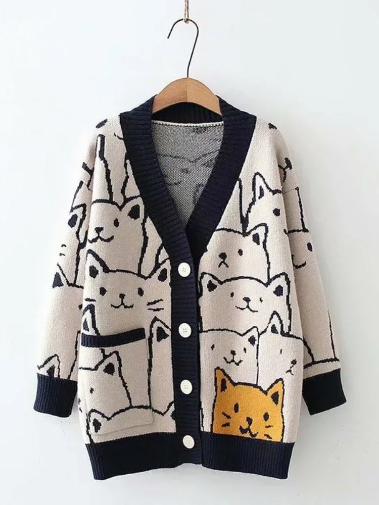 Merry Pretty Cartoon Cat knitted cardigans Jumper Autumn Winter Womens Harajuku Sweater coat O-Neck Long Sleeve cardigan 2024