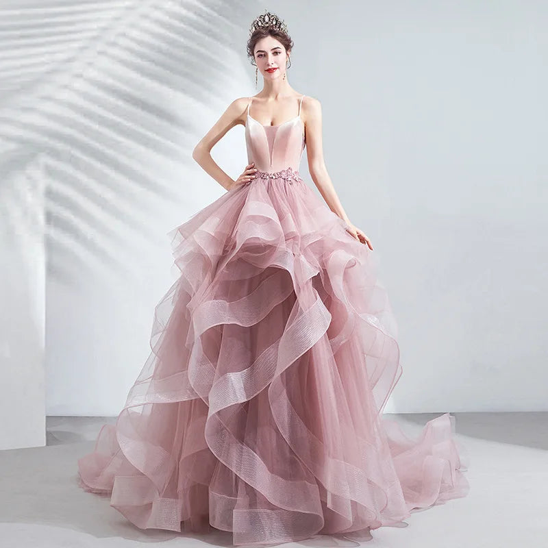 Unique Pink Wedding dress Puffy A Line Quinceanera Dresses V Neck Appliques Spaghetti Strap Tiered Ruffles Prom Gown graduati