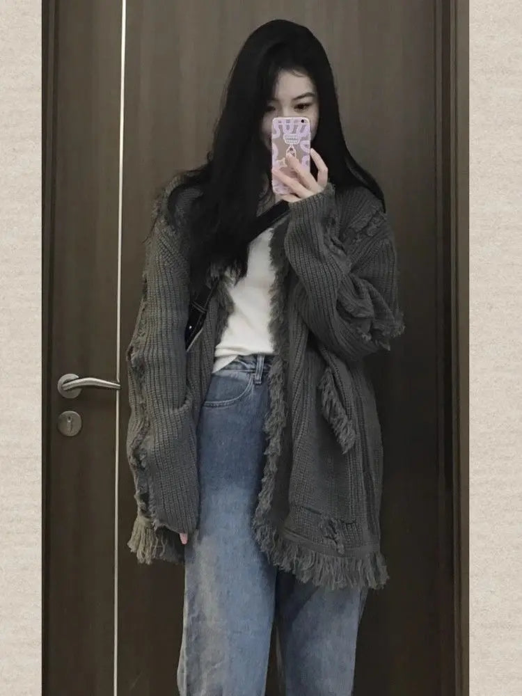 Sweater Women's Lazy Style Fur-edged Tassel Long-sleeved Cardigan Top