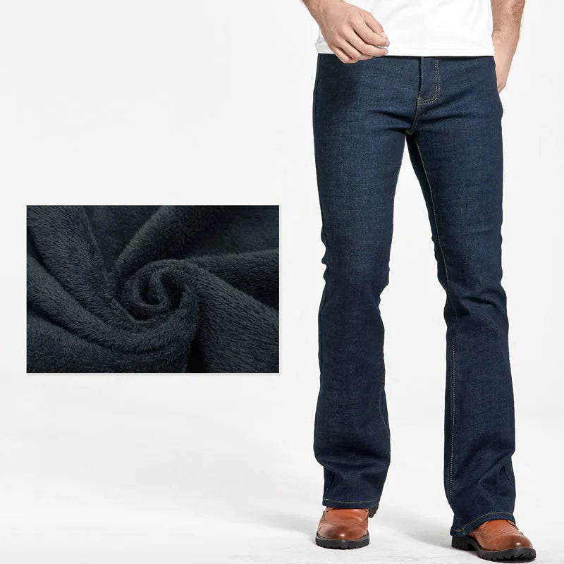Mens Winter Stretch Denim Jeans Thicken Warm Pants Slim Slightly Flare Trousers Boot Cut Fit Polar Fleece Jeans