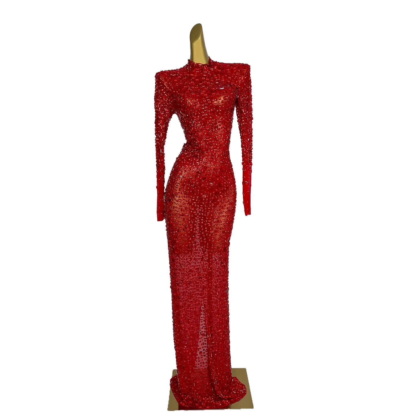 Red Diamonds Dress See Through Long Sleeve Evening Dress Festival Clothing Rhinestone Prom Gowns Special Occasion Dress Gesebei