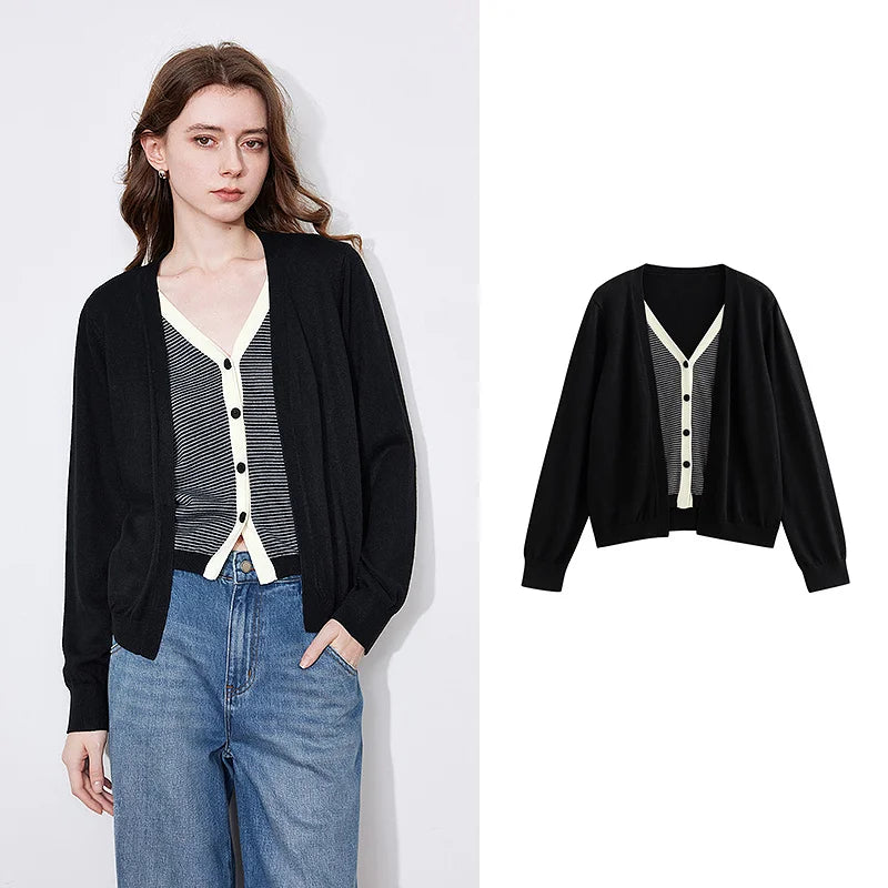 TOYOUTH Women Fake Two Piece Knitted Sweater 2025 Spring New V Neck Striped Long Sleeve Cardigan Jacket