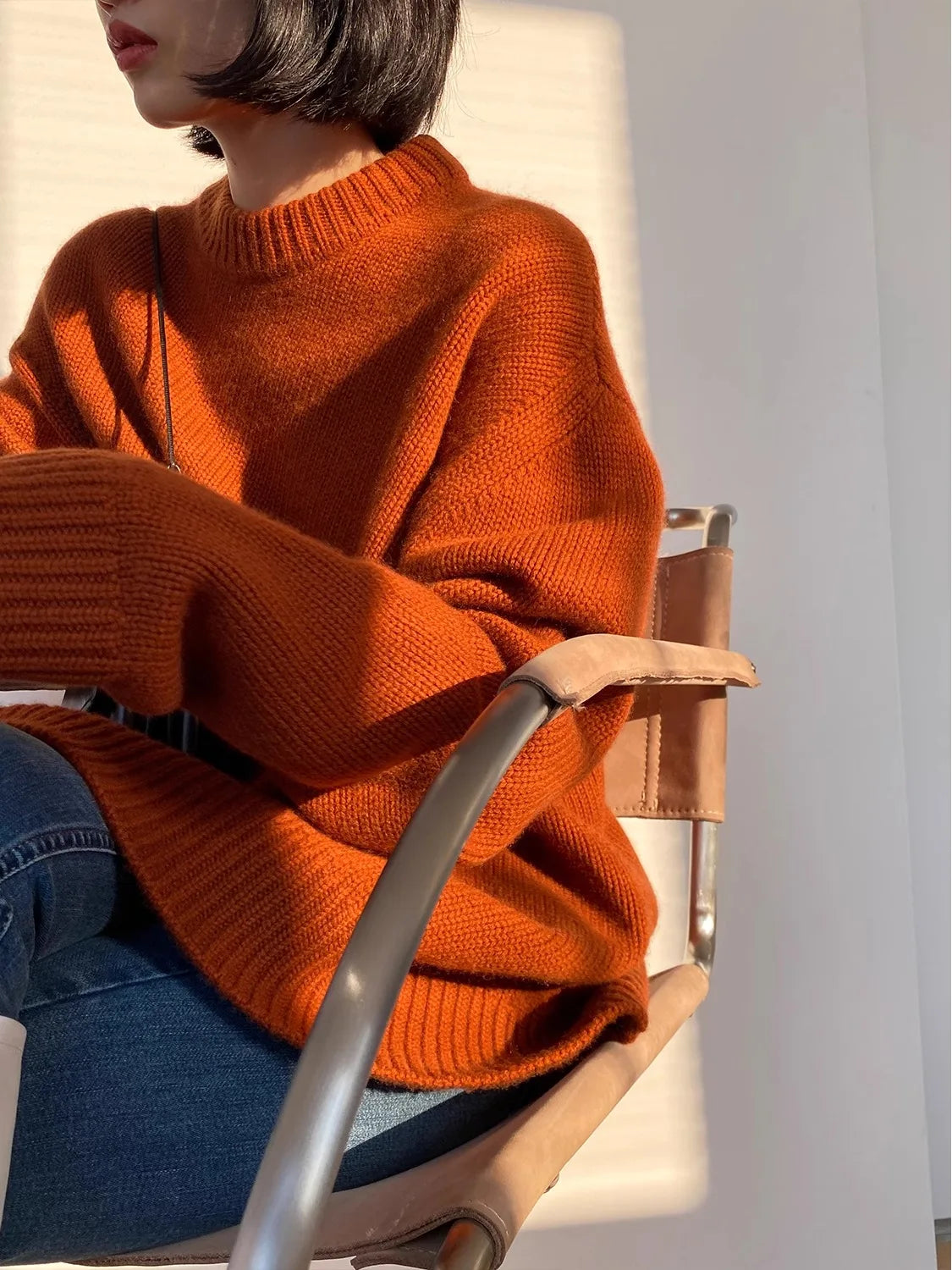 High-end series! Round neck 100% pure cashmere sweater pullover silhouette sweater women's thick loose knit