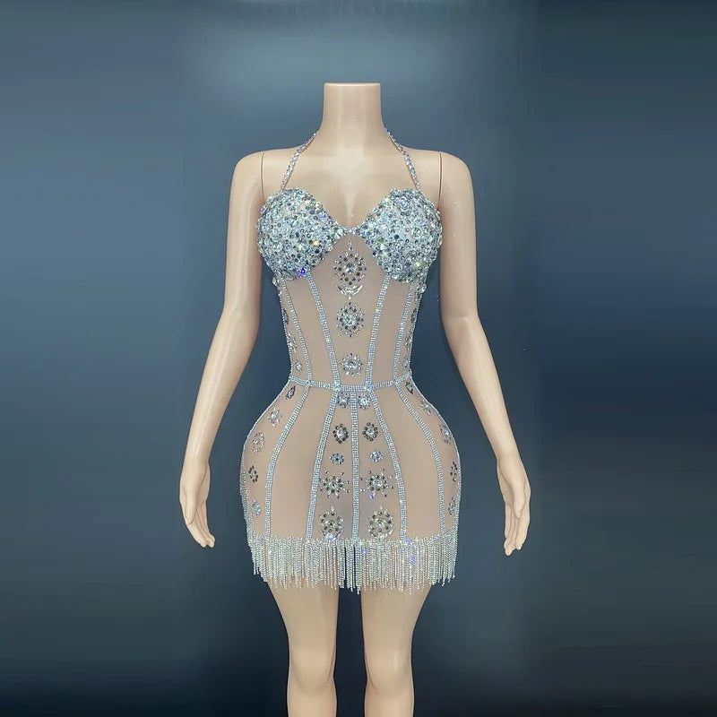 2025 Girls Mini Diamond Tassel Short Club Party Dress Sexy Crystal Plus High Waist Small Dance Party Formal Dress Women Elegant