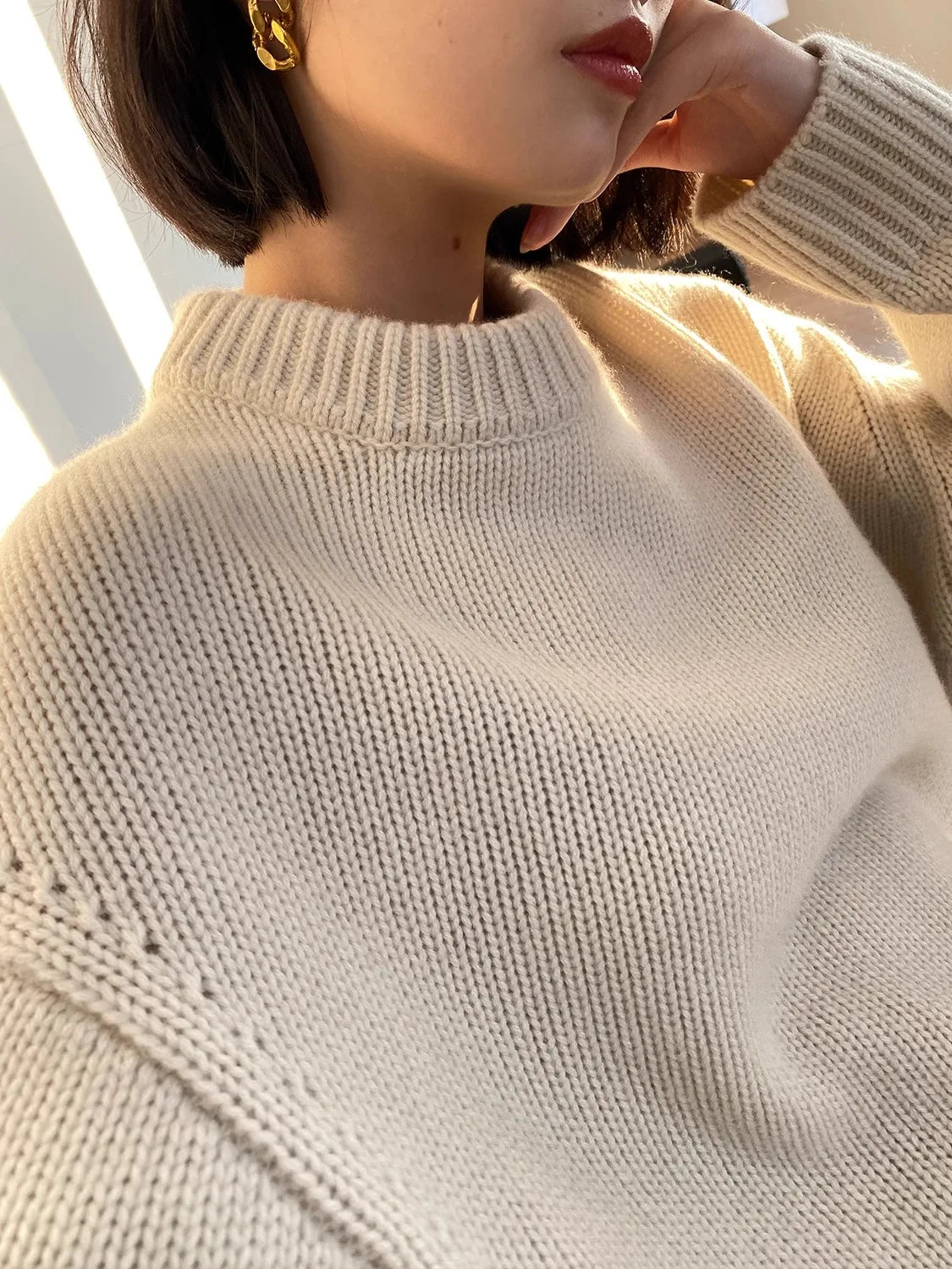 High-end series! Round neck 100% pure cashmere sweater pullover silhouette sweater women's thick loose knit