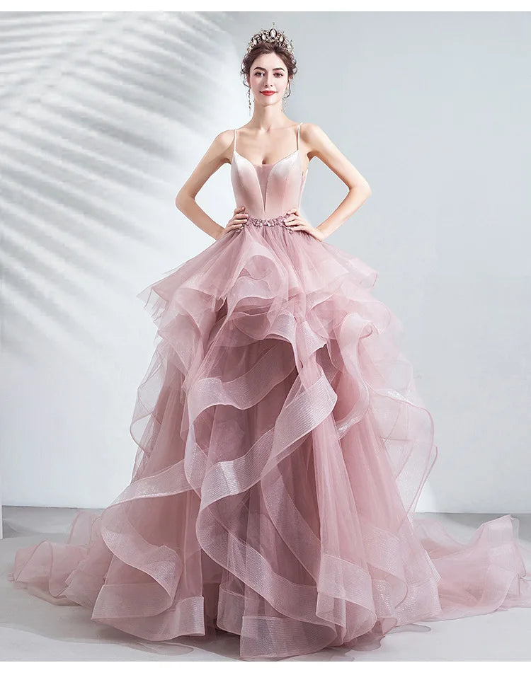 Unique Pink Wedding dress Puffy A Line Quinceanera Dresses V Neck Appliques Spaghetti Strap Tiered Ruffles Prom Gown graduati