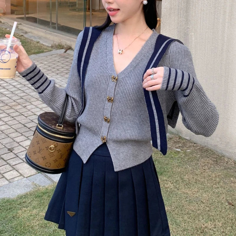 Spring Autumn New V-neck Long Sleeve Fashion Sweater Women High Street Casual Button Patchwork Cardigan Vintage All-match Tops