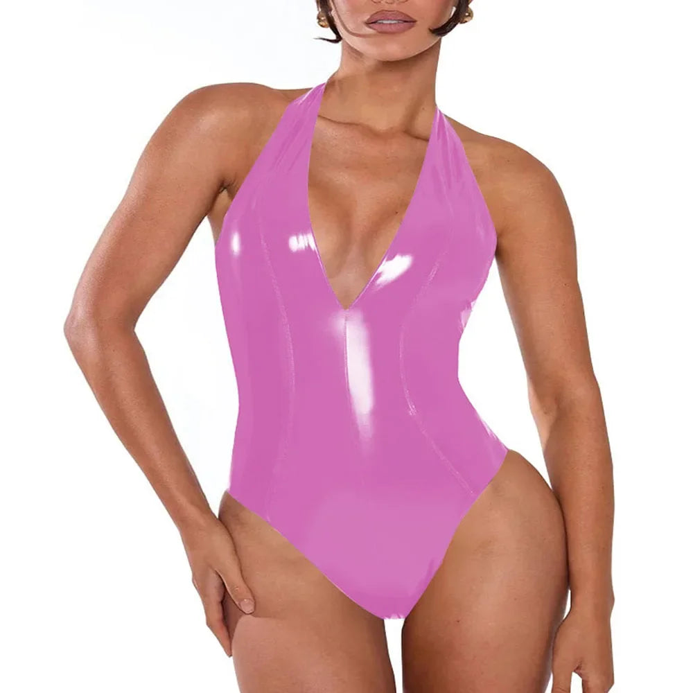 Plus Size Women Skintight Halter Bodysuits Sexy Plunging Neckline Backless Exotic Catsuit Shiny PVC Leather Latex Look Teddies