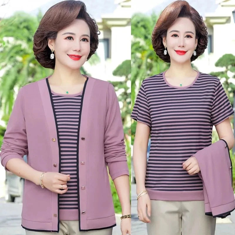 Middle-Aged Women's Cardigans 2PCS Spring Autumn Knitted Sweater New Two-Piece Set Fashion Stripe Pullover T-Shirts Mother Suits