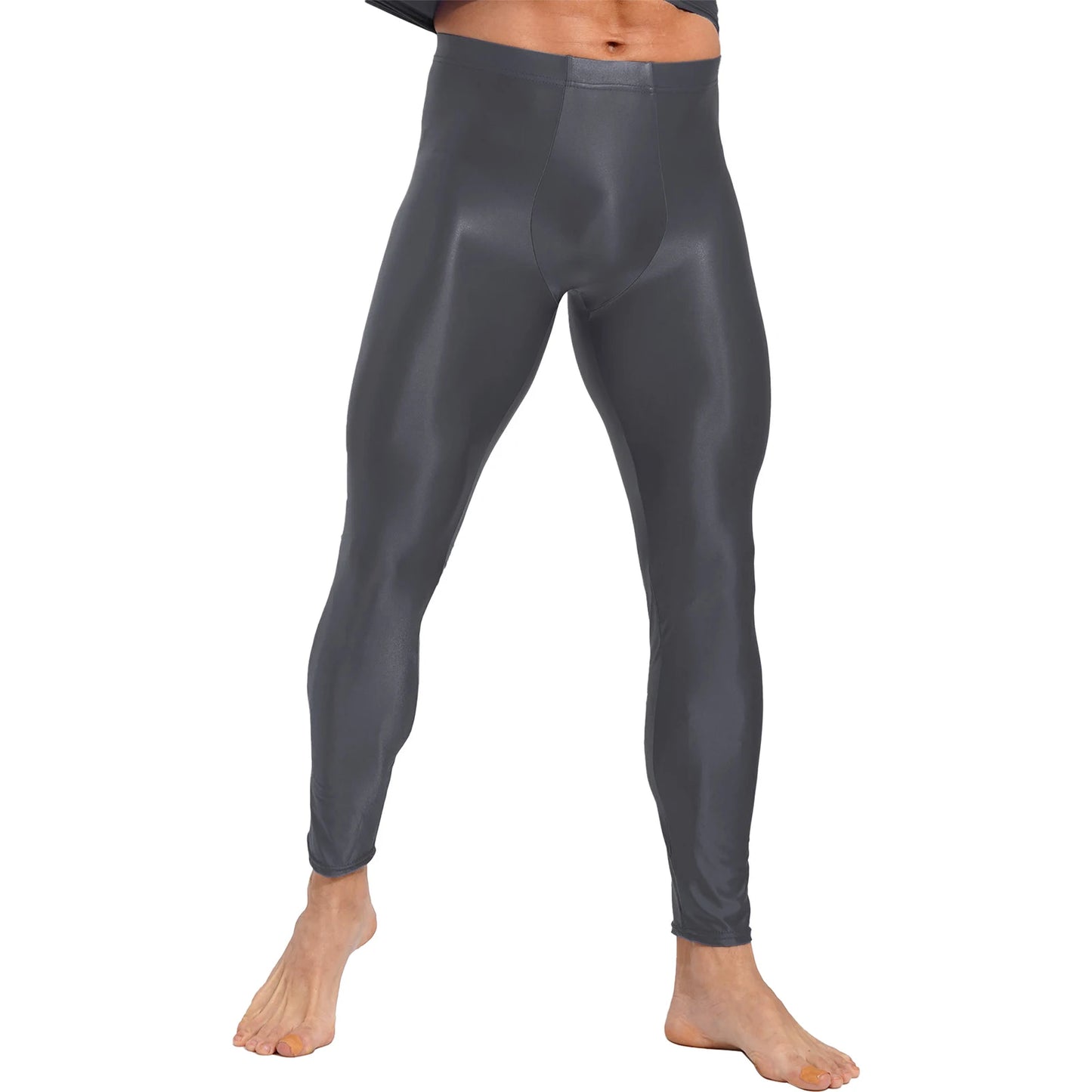Men's Glossy Oil Tights Long Pants Skinny Leg Trousers Underwear Solid Color Leggings for Exercise Running Gym Fitness Workout