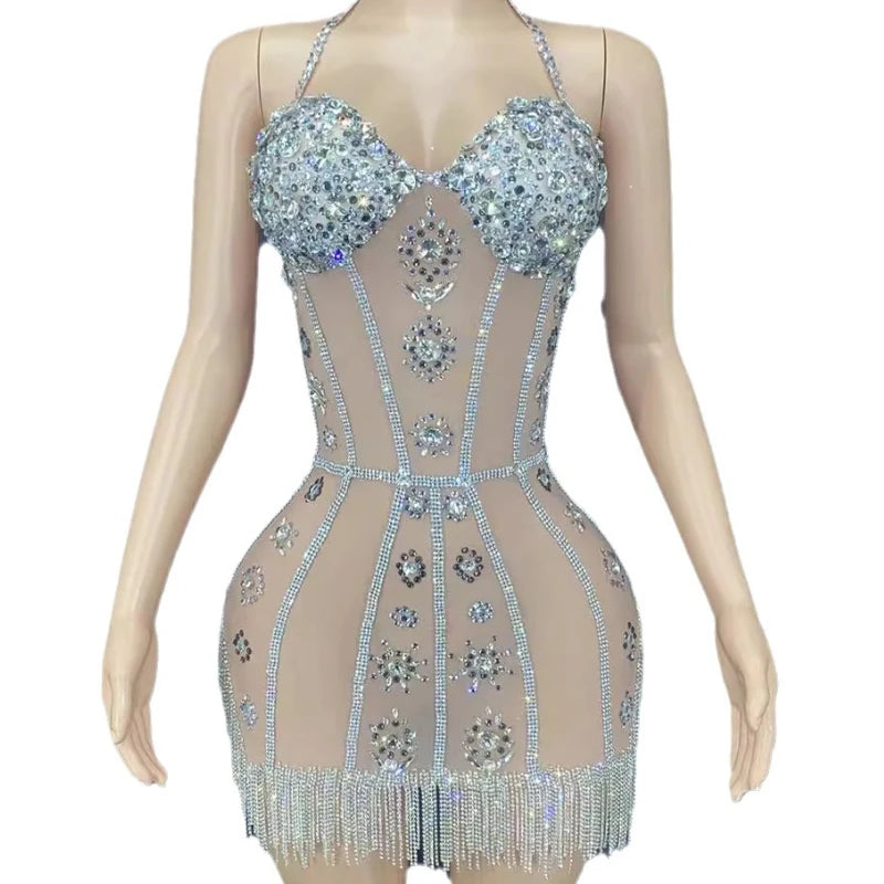 2025 Girls Mini Diamond Tassel Short Club Party Dress Sexy Crystal Plus High Waist Small Dance Party Formal Dress Women Elegant