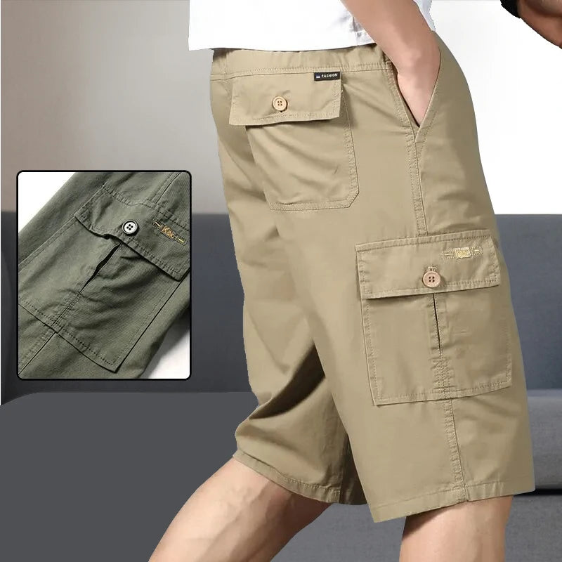 Mens Cotton Cargo Shorts Below Knee Lenth Summer Elastic Waist Sweatpants Hiking Running Bermuda Shorts Gym Below Knee Shorts