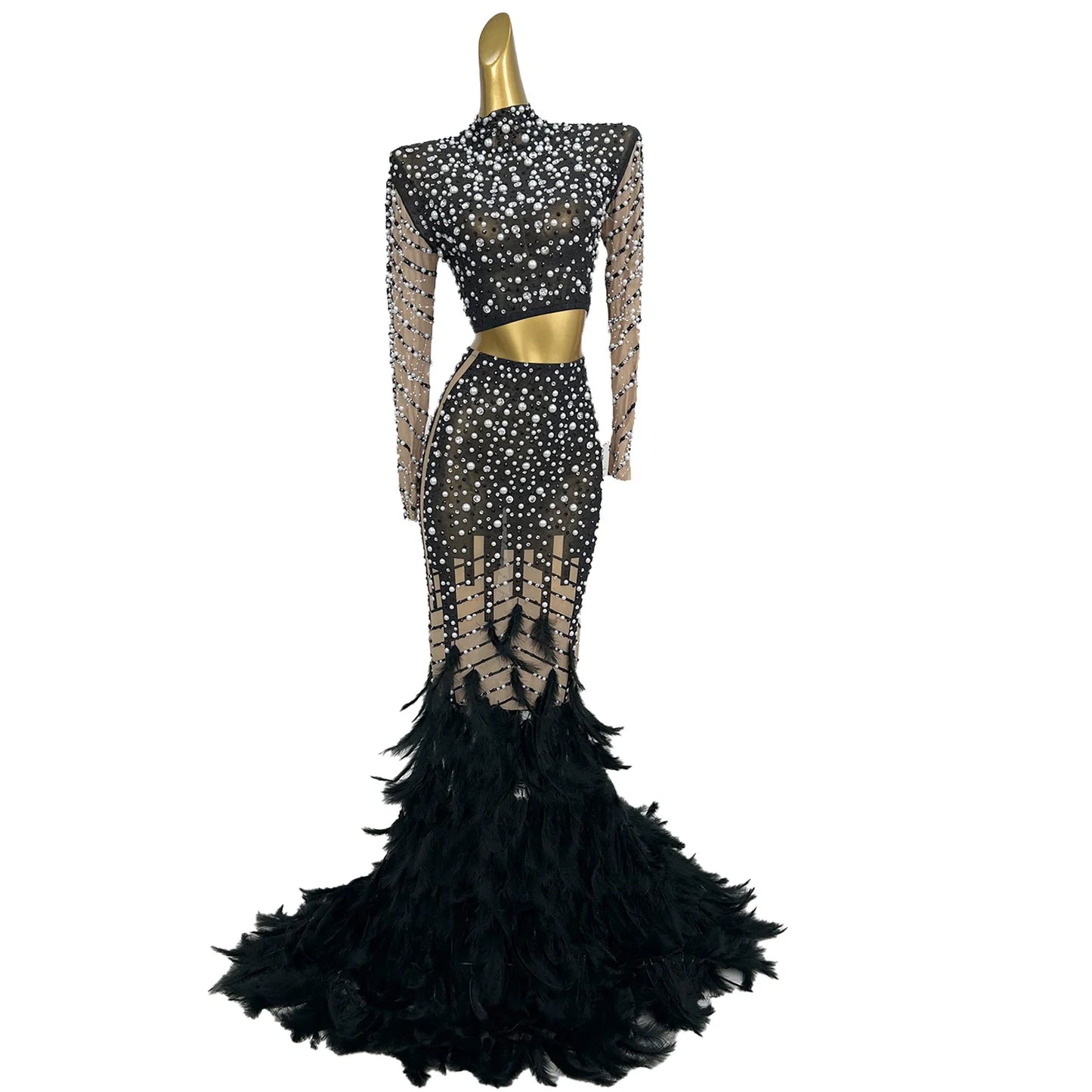 Customized Black Feather Mermaid Prom Dress for Black Girls High Stretch Diamonds Crystals Beaded Birthday Party Gown Fentiyumao