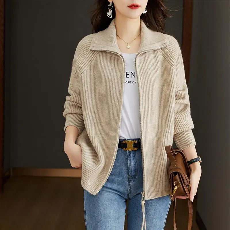 Autumn Winter New Solid Color Turn-down Collar Long Sleeve Sweater Women High Street Zipper Patchwork Cardigan Elegant Tops