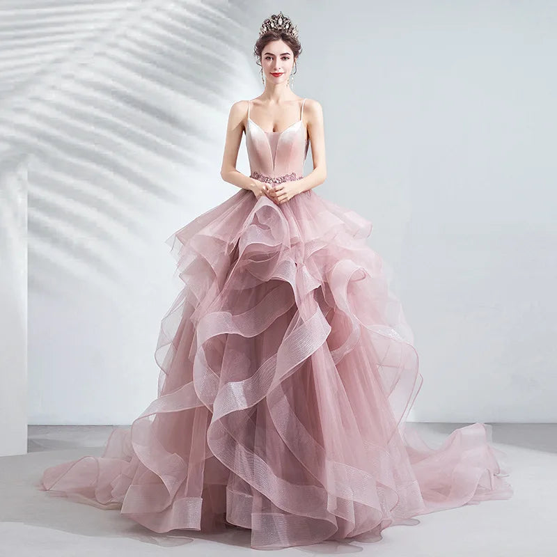 Unique Pink Wedding dress Puffy A Line Quinceanera Dresses V Neck Appliques Spaghetti Strap Tiered Ruffles Prom Gown graduati