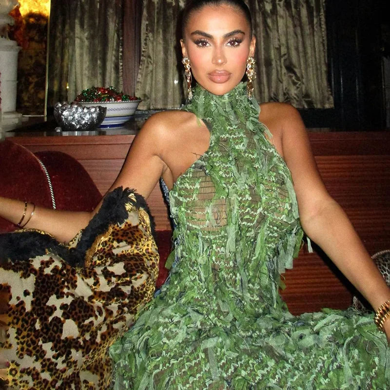 Tassel See Through High Neck Midi Dress Women Sexy Patchwork Halter Backless Sleeveless Irregular Party Prom Long Green Dresses