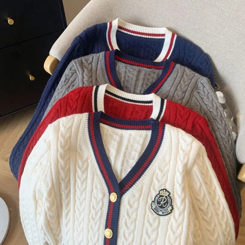 College Style V-neck Sweater Cardigan Women's Spring Autumn Retro Soft Waxy Lazy Style Short Fried Dough Twists Knitting Coat