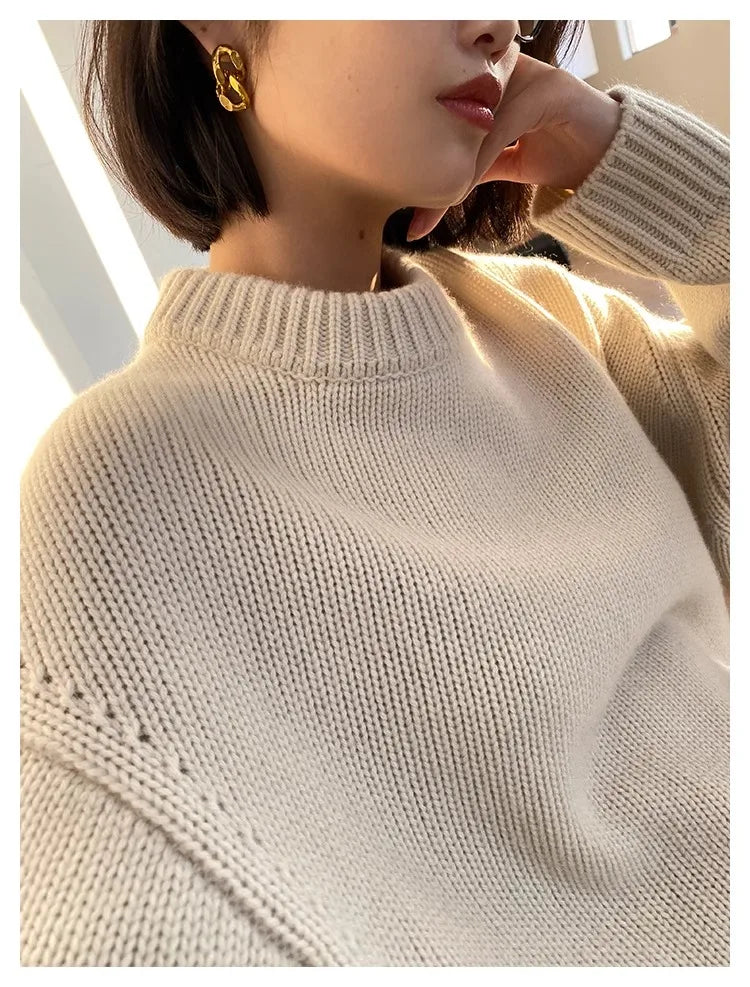 High-end series! Round neck 100% pure cashmere sweater pullover silhouette sweater women's thick loose knit