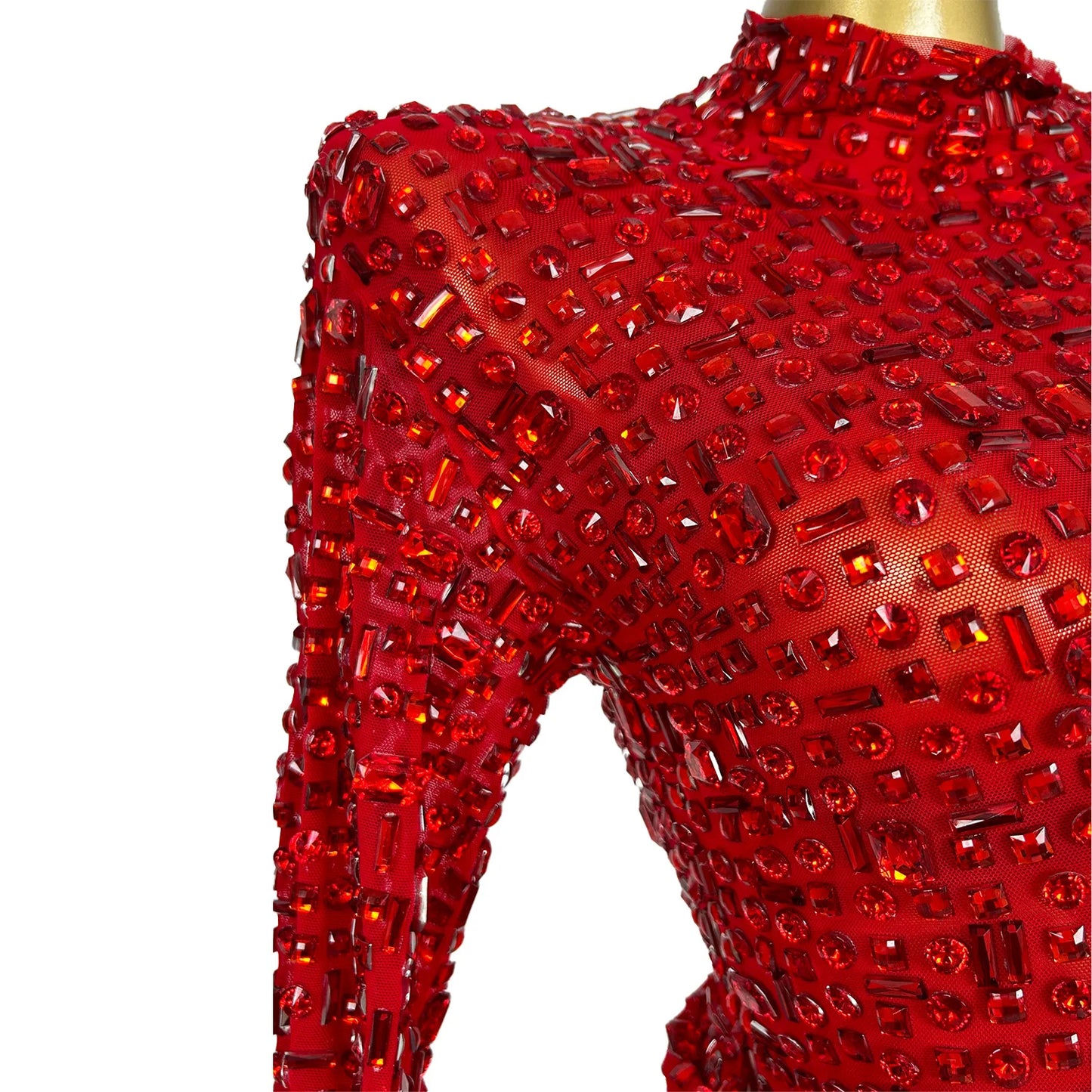 Red Diamonds Dress See Through Long Sleeve Evening Dress Festival Clothing Rhinestone Prom Gowns Special Occasion Dress Gesebei