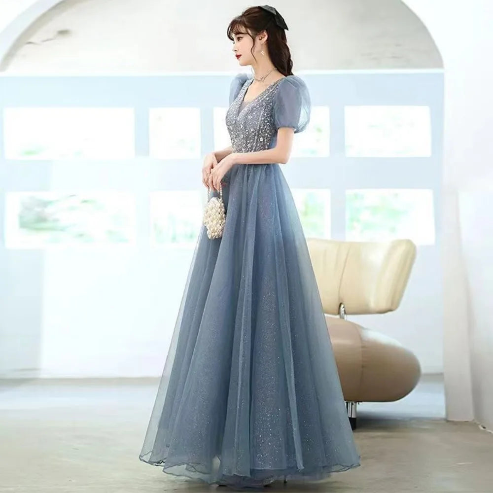 Puff Sleeve Long Prom Evening Dress for Women Mesh Party Formal Host Princess Evening Dresses Woman Elegant Glitter Party Gown