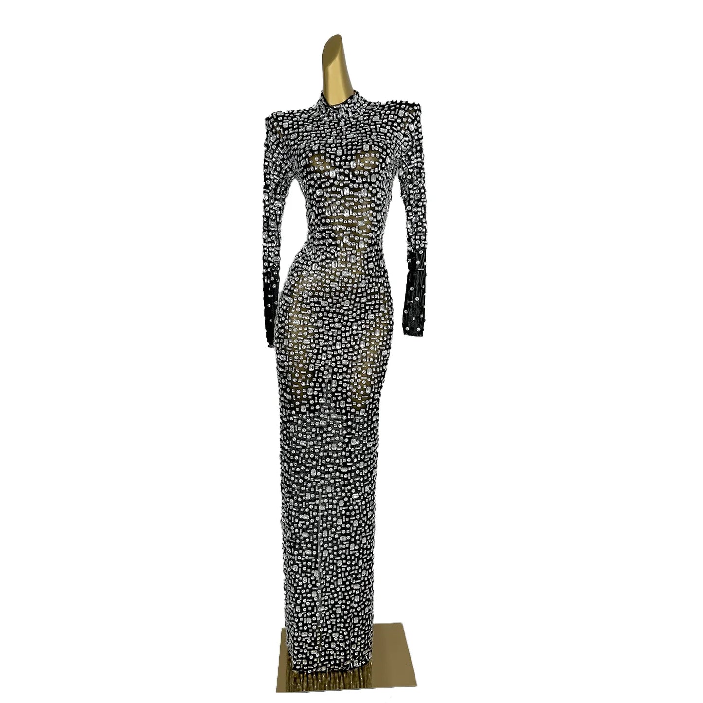 Red Diamonds Dress See Through Long Sleeve Evening Dress Festival Clothing Rhinestone Prom Gowns Special Occasion Dress Gesebei