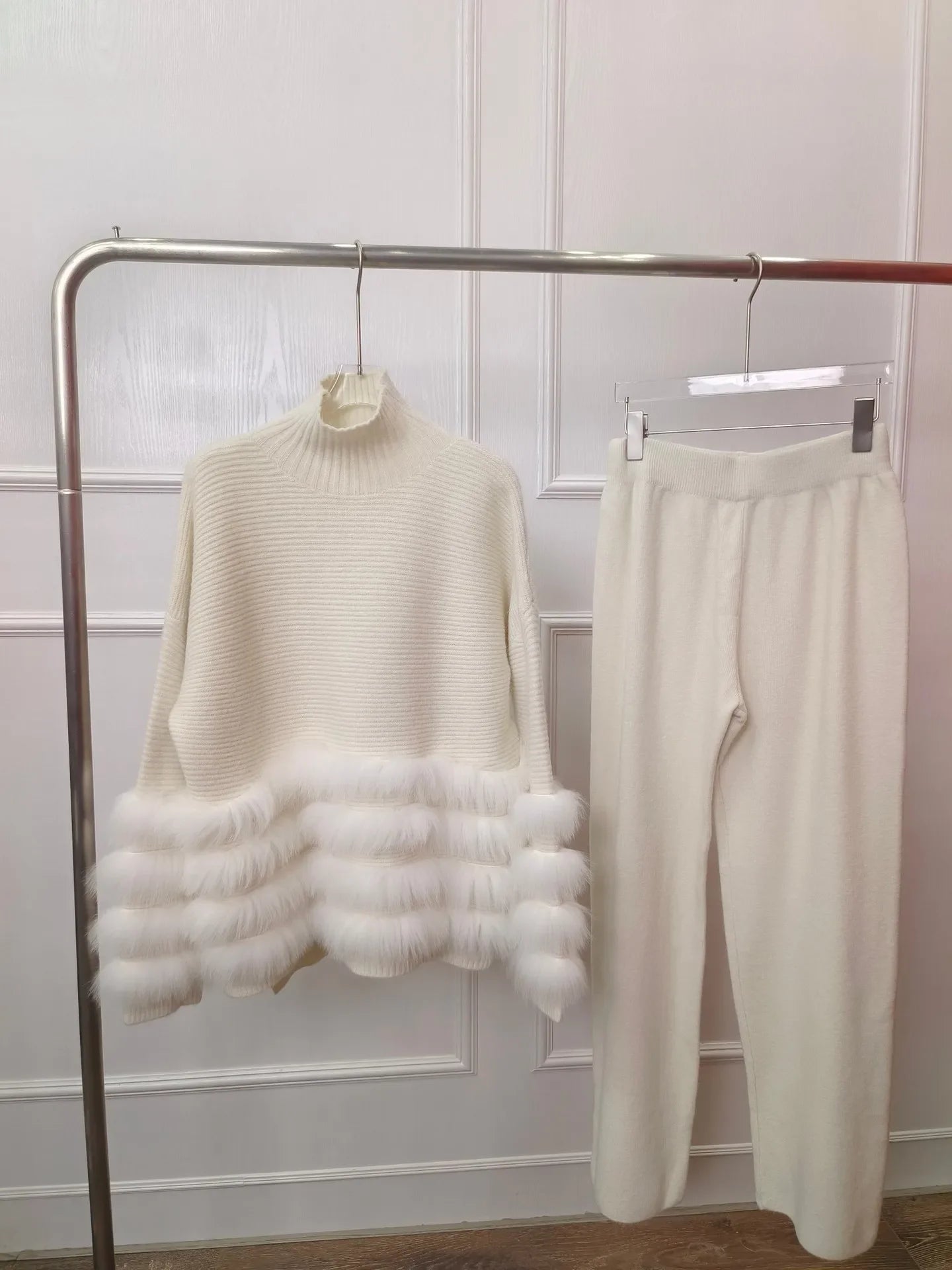 2024 New Spring Autumn 2 Piece Real Fox Fur Women Cardigan Mock Neck Sweater Pant Set Ladies Sweater Suit Luxury Female Fur Coat