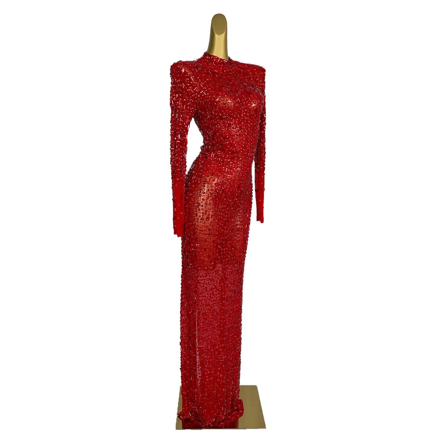 Red Diamonds Dress See Through Long Sleeve Evening Dress Festival Clothing Rhinestone Prom Gowns Special Occasion Dress Gesebei