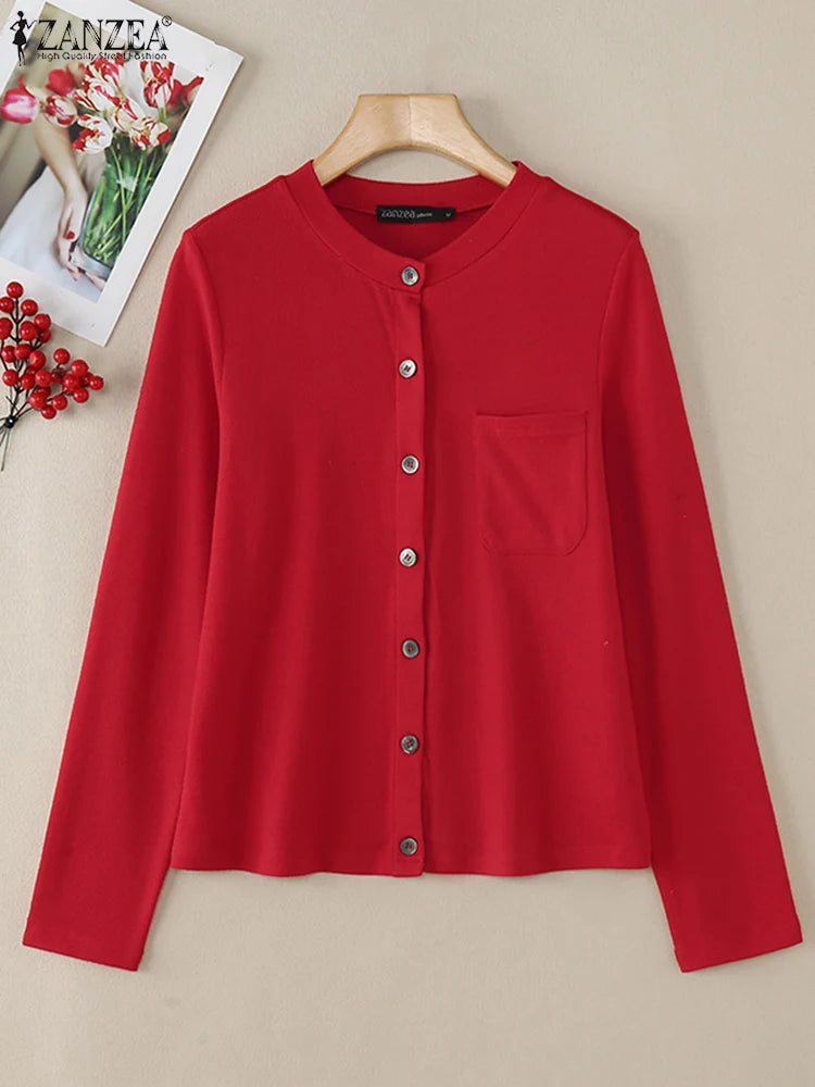 ZANZEA Autumn Fashion Long Sleeve Buttons Jumpers Women Sweaters Cardigan Casual Loose Sweaters Pullovers Solid Blouses Tops