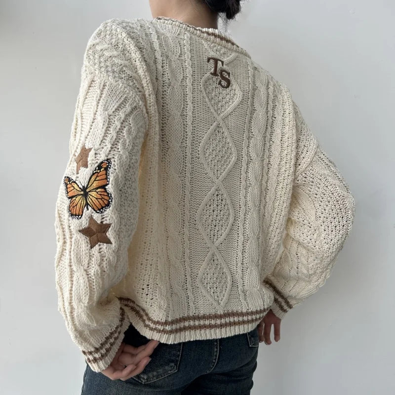 Women's Knitted Cardigan Winter Soft Loose V-neck Knit Cardigan Female Orange Gradient Butterfly Embroidered Y2K Sweater Autumn
