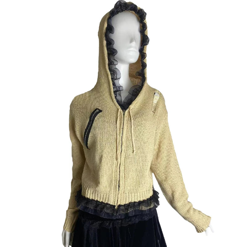 Pink White Red Japanese Lady Hooded Loose Harajuku Sweaters Autumn Women Striped Fake-Zipper Cardigan Knitted Hollow Sweater