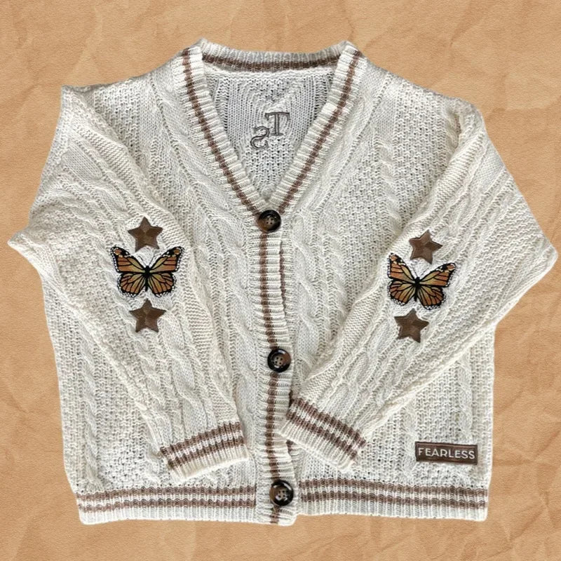 Women's Knitted Cardigan Winter Soft Loose V-neck Knit Cardigan Female Orange Gradient Butterfly Embroidered Y2K Sweater Autumn