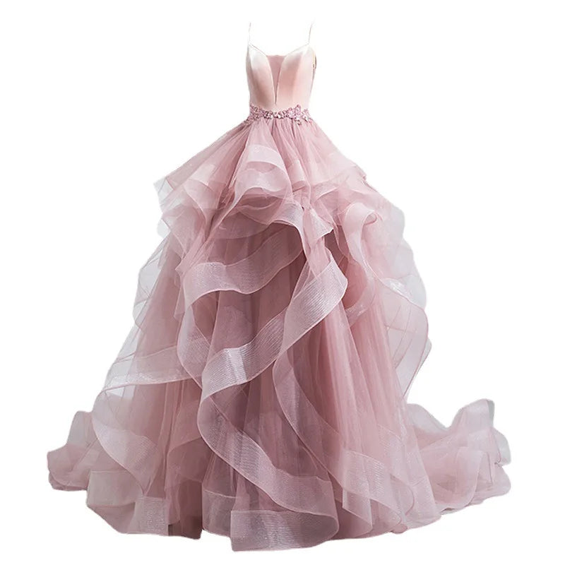 Unique Pink Wedding dress Puffy A Line Quinceanera Dresses V Neck Appliques Spaghetti Strap Tiered Ruffles Prom Gown graduati
