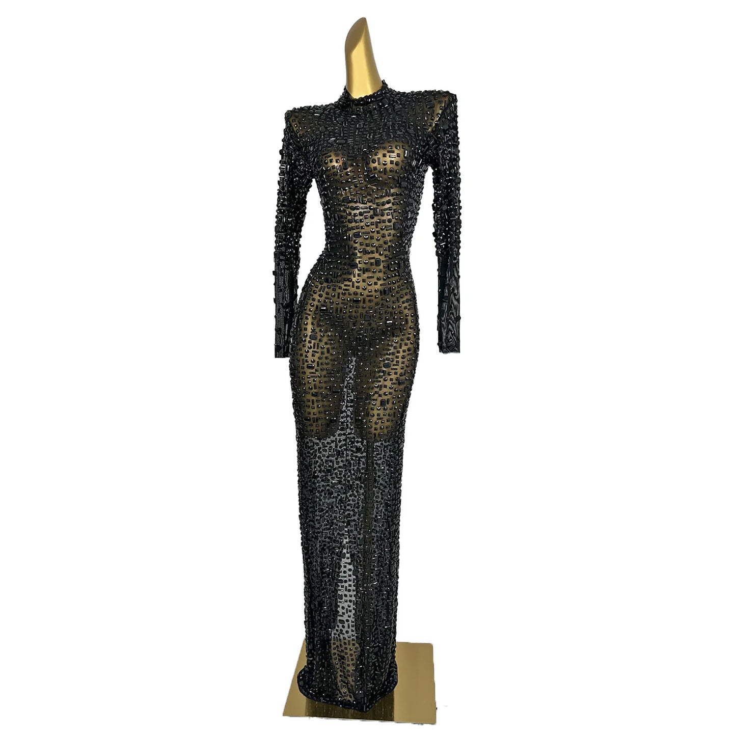 Red Diamonds Dress See Through Long Sleeve Evening Dress Festival Clothing Rhinestone Prom Gowns Special Occasion Dress Gesebei