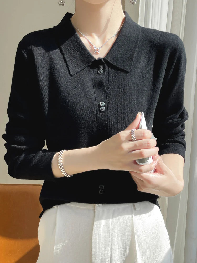 Women 100% Merino Wool Sweater Autumn Winter Polo Collar Pullover Long Sleeve Bottoming Cashmere Knitwear Clothing Fake Cardigan