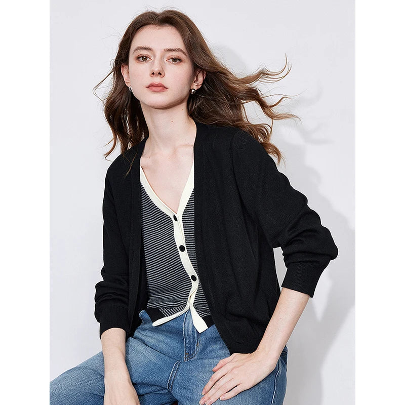 TOYOUTH Women Fake Two Piece Knitted Sweater 2025 Spring New V Neck Striped Long Sleeve Cardigan Jacket