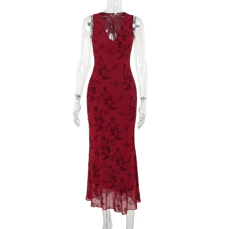 2024 New Sleeveless Long Dress Women Summer rinted Deep v-neck Dress Femae Fashion Fora Waist Slim Dresses