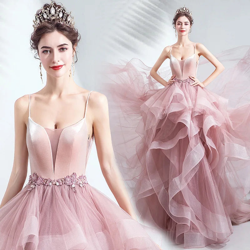 Unique Pink Wedding dress Puffy A Line Quinceanera Dresses V Neck Appliques Spaghetti Strap Tiered Ruffles Prom Gown graduati