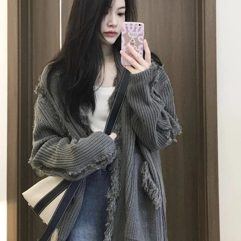Sweater Women's Lazy Style Fur-edged Tassel Long-sleeved Cardigan Top